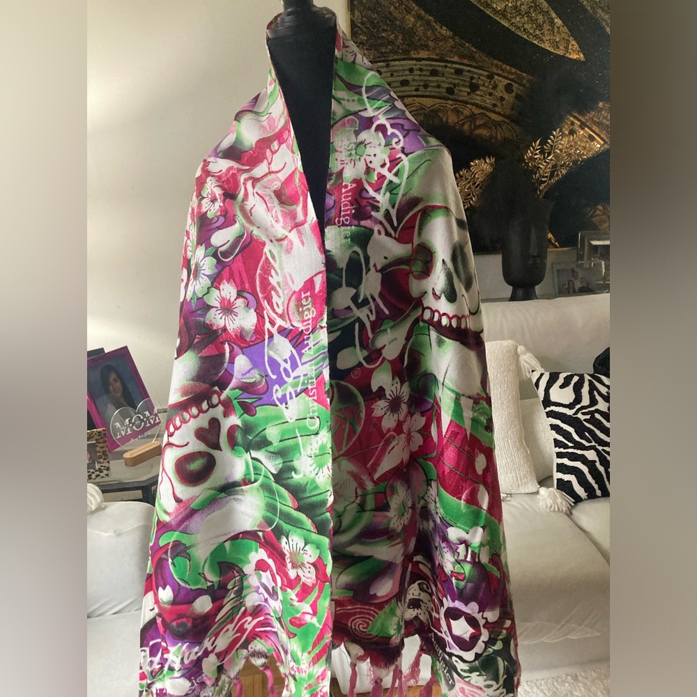 Ed Hardy fringed shawl scarf